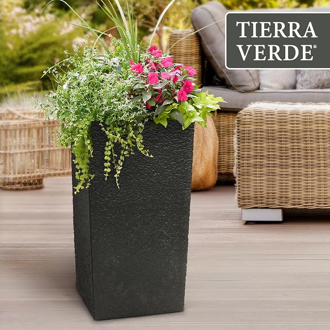 Tierra Verde Indoor & Outdoor Self-Watering Square Planter, Citadel Stucco, 13.5" x 26", Black - Planting Containers for Plants and Flowers - Gardening and Landscaping Accessories