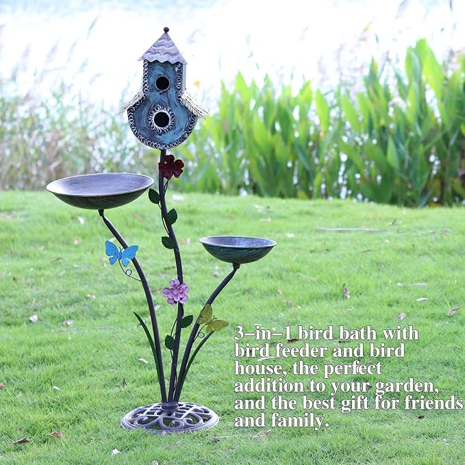 HLQMFHT 38" H Birdbaths for Outdoors,Metal Bird Feeder and Bird Houses for Outside,3-in-1,Garden Yard Decor