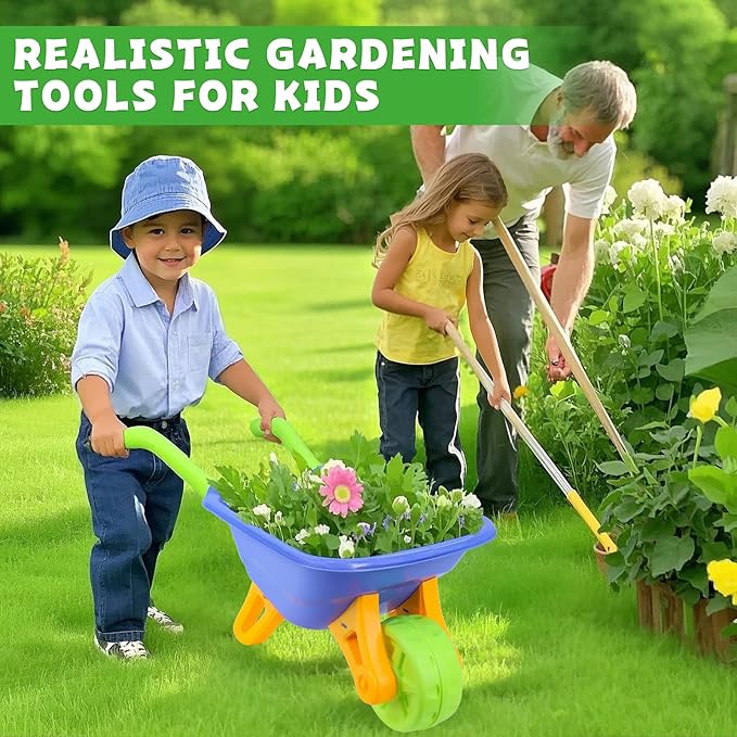 Magic4U 11-Piece Kids Gardening Set with Wheelbarrow, Shovel, Rake, Hoe, Gloves & Apron - Heavy-Duty Steel Tools & Interchangeable Handles, Outdoor Yard Toys for Boys Girls Ages 3-8