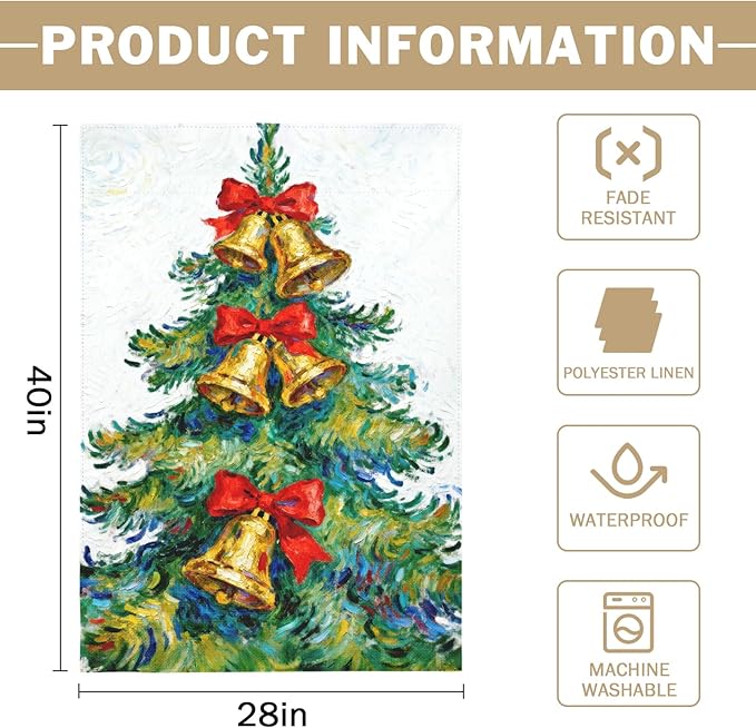 Christmas House Flag 28x40 Inch Green Yellow Red Xmas Tree Bell Bowknot Winter Holiday Decorative Garden Flags for Outside Double Sided Seasonal Outdoor Home Farmhouse Decoration Porch Yard Decor