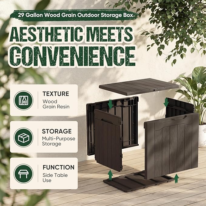 Devoko 29 Gallon Waterproof Outdoor Storage Box Resin Deck Box Lockable and UV Resistant for Patio Furniture, Garden Tools (Brown, 29 Gallon)