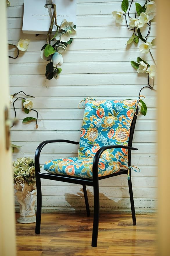 Outdoor Patio Cushion, Rocking Chair Cushion, Tufted Pads, Set of Upper and Lower with Ties Pack of 2 (2 Sets) - Back 20"×17", Seat 17"×17" (Green Bottom Flowers)