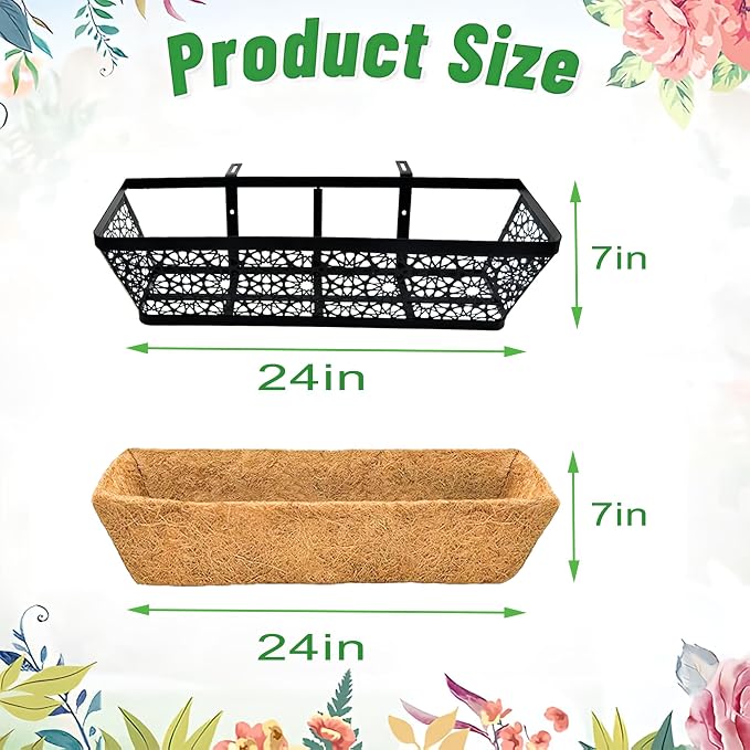 Railing Planter Window Boxes Round Hole Horse Trough Planter with Coco Fiber Liner Deck Balcony Rail Planters Black Metal Hanging Flower Planters Window Basket for Outdoor Porch (2 Pack, 24 Inch)