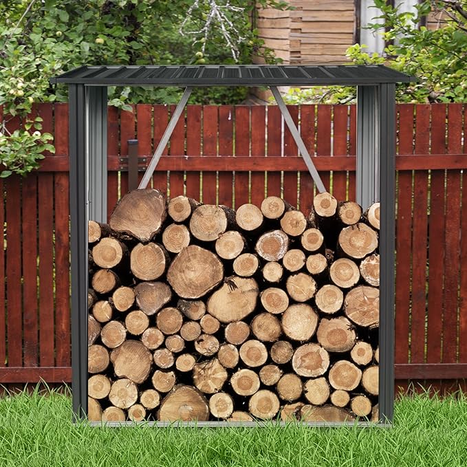 Ball & Cast 3X5 FT Outdoor Steel Firewood Rack Metal Storage Shed with Middle Stiffener and Reinforced Base,Multi-Functional Waterproof Cabinet W/Roof,for Equipment Machines,Black