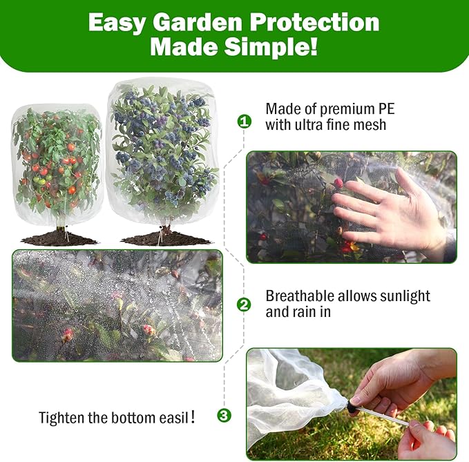 2 PCS Large Fruits Tree Netting Cover for Garden 4 x 6 ft Garden Insect Bird Barrier Plant Netting for Tomato Blueberry Bush Netting Covers Deer Cicada Netting Cover Bag with Drawstring