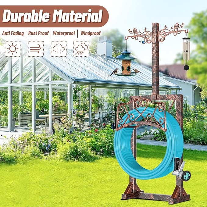Garden Hose Holder with Shepherds Hooks,Detachable Water Hose Holder Holds 150 FT Hoses Freestanding Hose Reel with 5 Spikes Hoses Hanger Storage Stand for Outside Yard Lawn (Antique Bronze)
