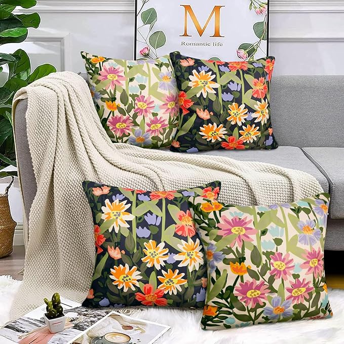 Pyonic Outdoor Pillows Waterproof Cover Pack of 2 Floral Waterproof Throw Pillows 18x18 inch for Patio Furniture Garden Furniture,Balck