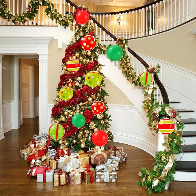 12 Pcs 7.5/9 Inch Large Christmas Inflatable Ball Outdoor Hanging Ornament Blow Up Xmas Inflatable Ornaments PVC Christmas Decoration Ball for Yard Lawns Porch Garden Front Door Holiday Decor