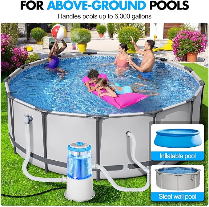 KimPump 1000 GPH Light-Up Pool Filter Pump for Above Ground Pool|Built-in Blue LED Light,Transparent Housing for Real-Time Water Circulation &Filtration Monitor, Pool Cartridge Filter Pump System Cyan