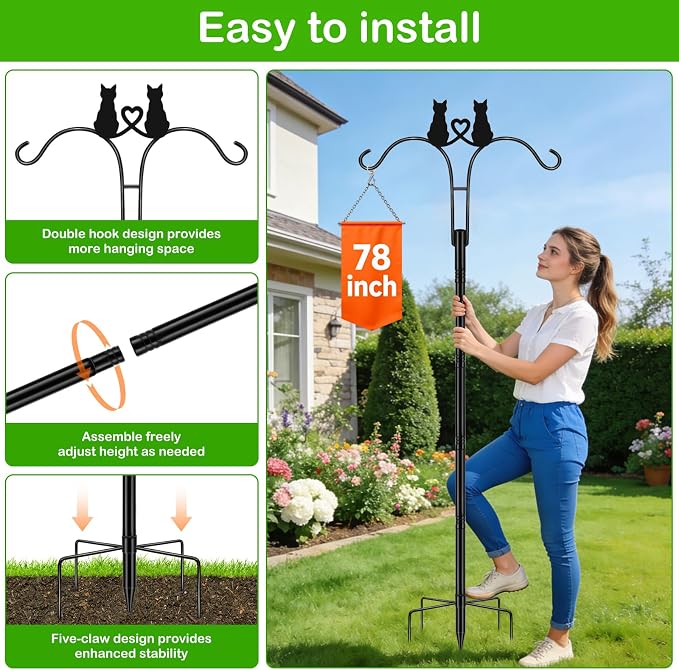Double Shepherds Hooks for Outdoor, 2 Pack 78 Inch Bird Feeder Pole with 5 Prongs Base, Adjustable Heavy Duty Plant Hangers Cat Art for Outdoor Plants Hummingbird Feeder Hanging Basket Lantern