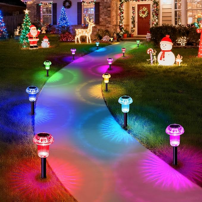 Priddop Solar Lights Outdoor Waterproof 16 Pack Color Changing LED Mushroom | Garden Pathway Yard Patio Walkway Landscape Path Lights, Acrylic ABS, Ground Patterns, Replaceable Battery, Christmas Decor