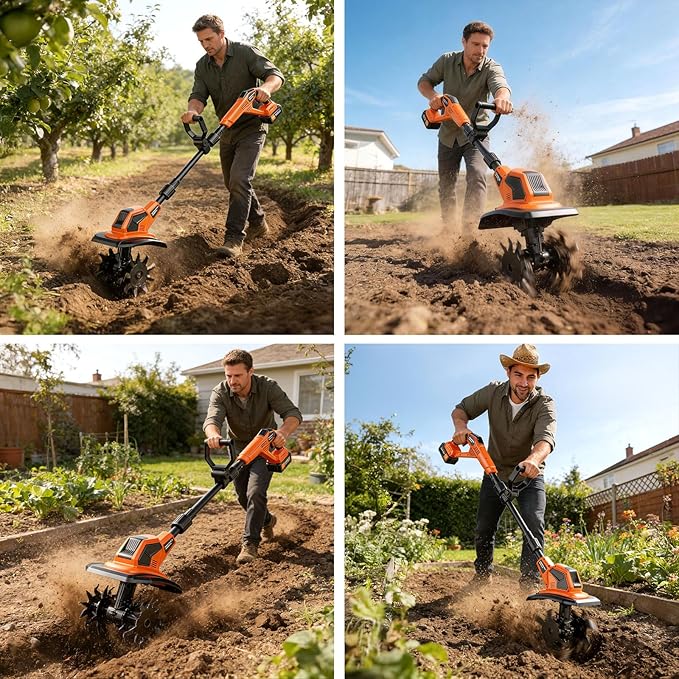 400RPM Brushless Cordlees Tiller Cultivator for Gardening, 20V Electric Garden Tiller Battery Powered((2*3.0Ah Battery&Charger), 9.5"Width 7"Depth, Garden Rototiller for Yard/Lawn/Soil Tiller (Orange)