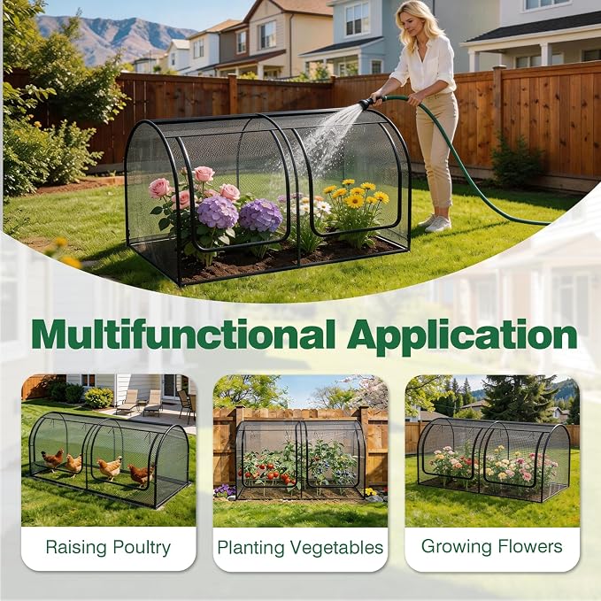 98x49x49in Garden Plant Netting Mesh Cover for Raised Bed, Crop Cage with Roll-up Zipper Door, Plant Protectors from Animals, Large Tunnel Gardening Net for Vegetables Fruits Tomato, Black