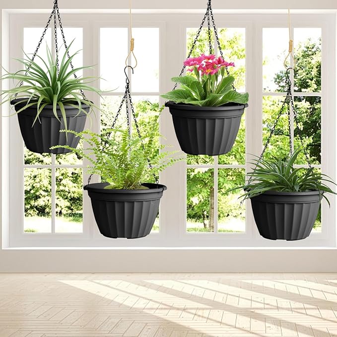 FGstyle 6 Pack Hanging Planters 10 Inch,Self Watering Pots for Indoor Plants,Plastic Hanging Basket with Soil Elevator and 20" Chain for Home Garden Porch Balcony Patio Decor(Black)