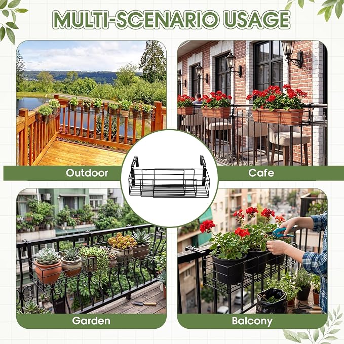 Youyole Railing Hanging Planter Holders, Adjustable Balcony Flower Pot Rack Stand, Expands 14"-36" Iron Hanger Hooks Fit Almost Any Balcony, Fence or Deck Railing up to 8" Wide(Black)