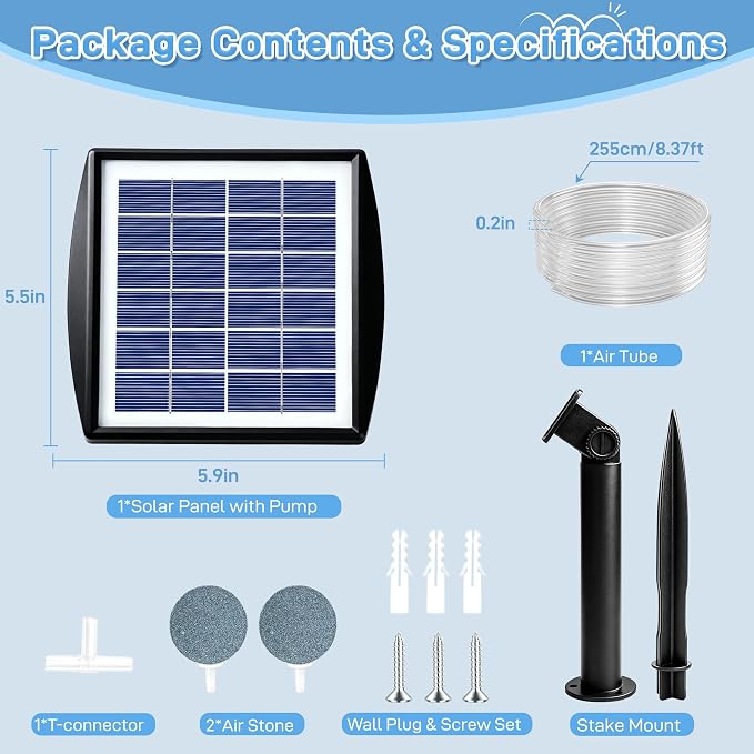 Yeomi Solar Aerator for Pond, 2W All-in-One Solar Air Pump, 2 Modes (16H/32H), Outdoor Solar Pond Aerator for Small Pond, Fish Pond, Fish Tank, Outdoor Fishing