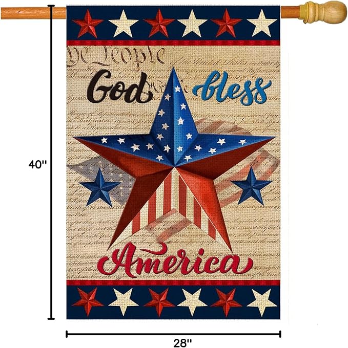 Patriotic God Bless America 4th of July House Flag 28 x 40 Inch Vertical Double Sided Blue Red Star Independence Day Memorial Day Yard Outside Décor