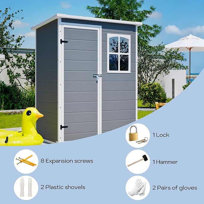 YOPTO 5x3ft Resin Outdoor Storage Shed Weather Resistant with Floor,Outdoor Resin Storage Shed W/Window,Garden Tool House W/Lockable Door,Pitched Roof & Drainage Holes,for Backyard,Patio,Lawn,Gray