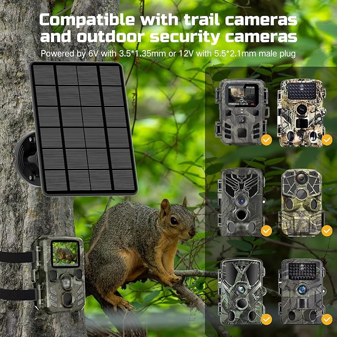 Solar Panel for Trail Camera, 5000mAh Rechargeable Battery Trail Camera Solar Panel for Continuous Charging of Trail Cameras (12V 1A & 6V 1.5A Output), IP66 Waterproof Best for Outdoor Use