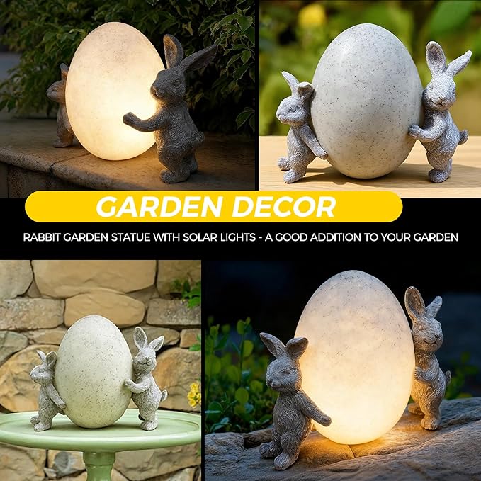 Solar Bunny Garden Statue with LED Light β Cute Solar Garden Decor Outdoor Rabbit Statue for Patio Yard Backyard Lawn, Bunny Decor Garden Statues, Easter Rabbit Gifts-Egg
