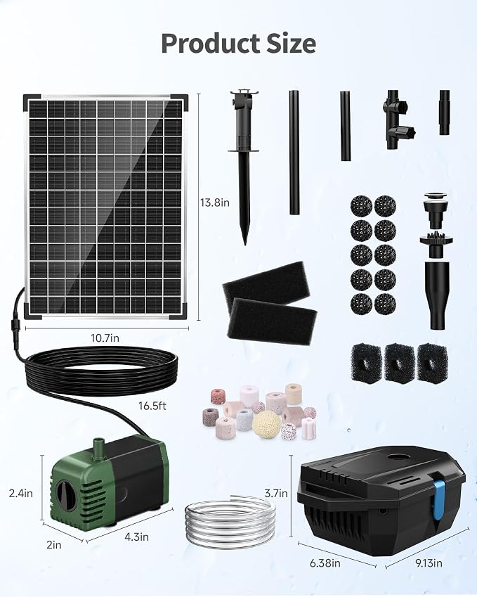POPOSOAP 20W Solar Pond Filter with Fountain Pump, Solar Pond Pump and Filter Kit for Outdoor Pond Filter Box with Bio Media for Water Gardens, Ponds Up to 280 Gallons P3202