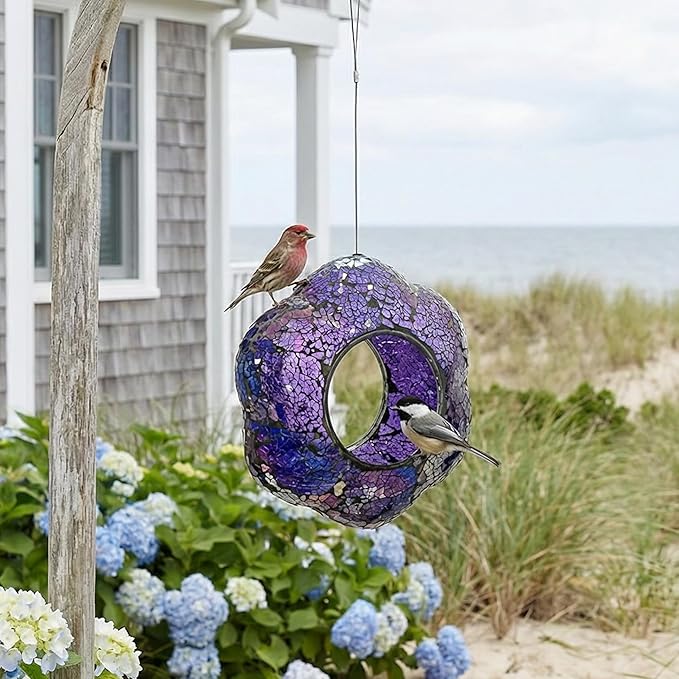 Sunnydaze 10-Inch Glass Mosaic Hanging Bird Feeder for Outdoors - Fly-Through Glass Bird Feeder for Cardinals, Jays, Finches and More - Iridescent Purple Flower