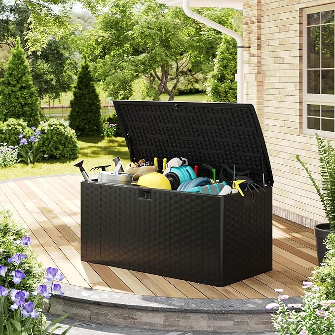 100 gal Outdoor Storage Box with Support Rod, Large Lockable Storage Container for Patio, Waterproof Storage Bin for Garden, Cushions, Tools,Black