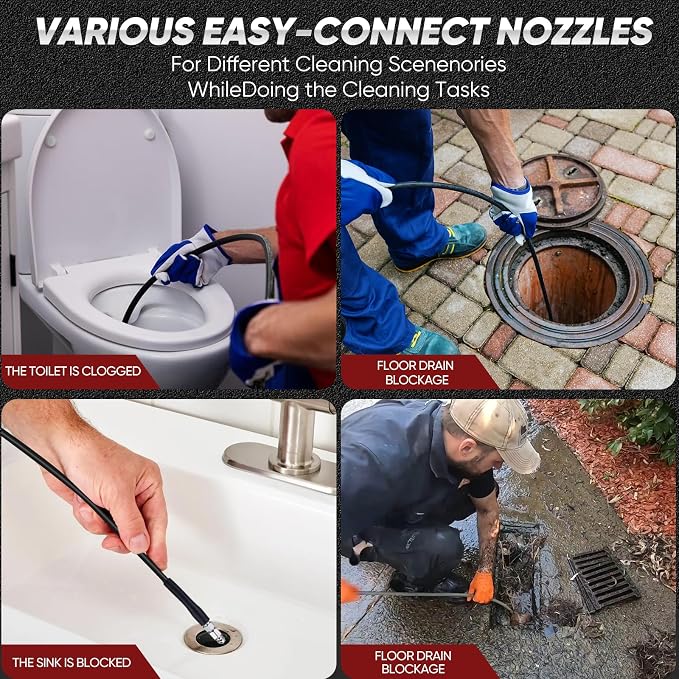 33FT Sewer Jetter Kit for Pressure Washer, 5800 PSI Drain Cleaning Hose with 5 Jet Nozzles & 2 Adapters, Compatible with Spray Guns and Power Washers, Ideal for Clogged Pipes and Drains