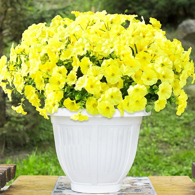 Yastouay Artificial Flowers for Outdoors, 14 Bundles Fake Outdoor Flowers, UV Resistant Artificial Plants & Flowers for Decoration, Yellow Realistic Morning Glory for Outdoor Porch Garden Decoration