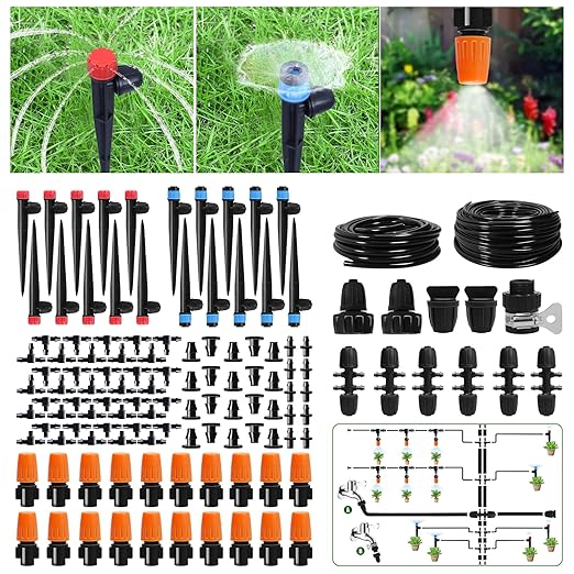 260 FT Drip Irrigation System Kit, Automatic Garden Watering System with 2/5" & 1/4" Tube for Greenhouse, Lawn, Raised Bed, Micro Misting Plant Sprinkler System, Adjustable Drip Emitters