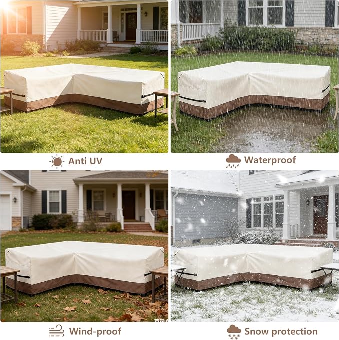 okcool Outdoor Sectional Cover,L-Shaped Patio Furniture Covers for 6-Seater Outdoor Sectional Furniture Couch 85"(110''L) x 32''D x 31''H, Beige & Brown