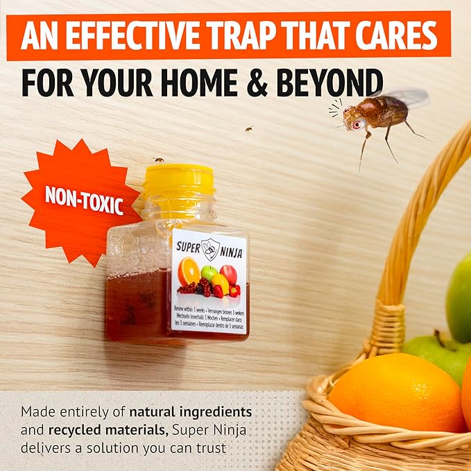 Super Ninja Fruit Fly Traps for Indoors - 2 Pack, Highly Effective Fruit Fly Catcher for Indoor Use for Home & Kitchen, Up to 3 Weeks of Performance per Bottle, Kid & Pet Friendly