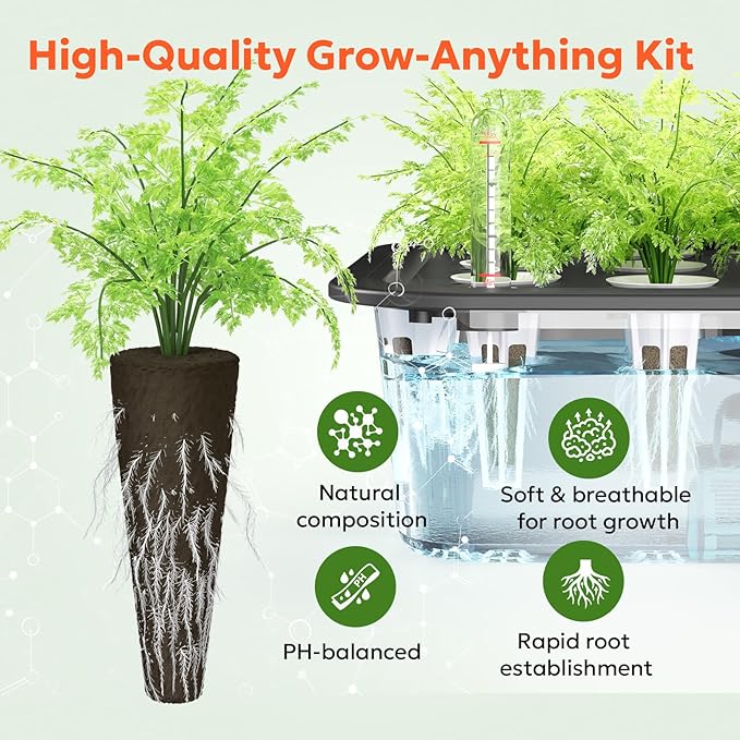 owltron 50 Pcs Hydroponic Seed Pods Kits, Grow Anything Kit Pod for Indoor Herb Garden with 12 Sponges, 2 A&B Nutrient Plant Food, 12 Baskets, 12 Stickers, 12 Germination Domes(Round)
