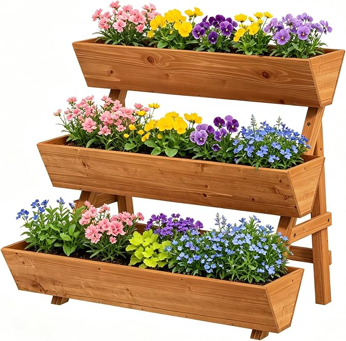 Vertical Wooden Raised Garden Bed, Garden Planters Freestanding Wood Plant Stand Flower Rack Wooden Planter Box for Plants Herbs Flowers Vegetables Outdoor Indoor Gardening (3-Tier Large Brown)