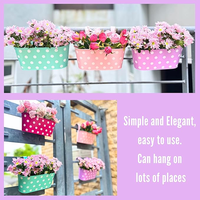 LaLaGreen Rail Planter (17 Inch, 6 Pack) Colorful Polka Dot Hanging Flower Pots Railing Fence Balcony Gardening for Apartment Patio Planters Iron Garden Outdoor Deck Decoration Porch Decor