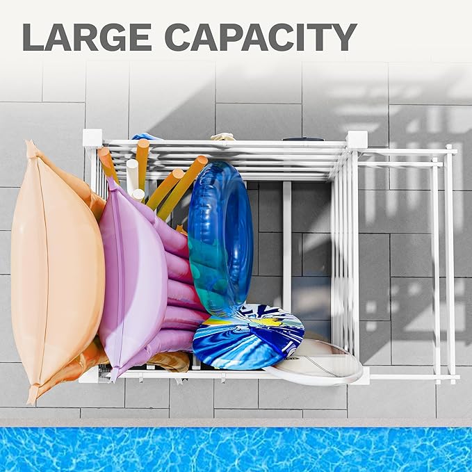 DWVO Pool Storage Organizer with 6 Adjustable Hooks, Large Pool Float Holder & Noodle Storage Rack, Outdoor Waterproof Pool Equipment Organizer for Floats, Goggles, and Beach Balls, White