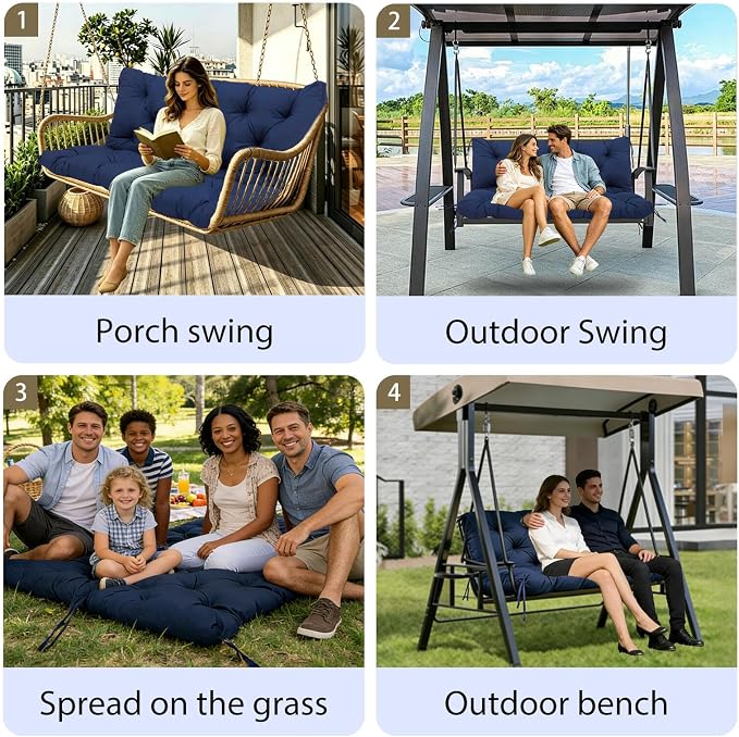 5 Inch Thick Waterproof Patio Porch Swing Cushions, 60x40 Inch 3 Seater Replacement Cushion with Backrest & 8 Ties, Fade-Resistant Outdoor Bench Swing Pad, Navy Blue