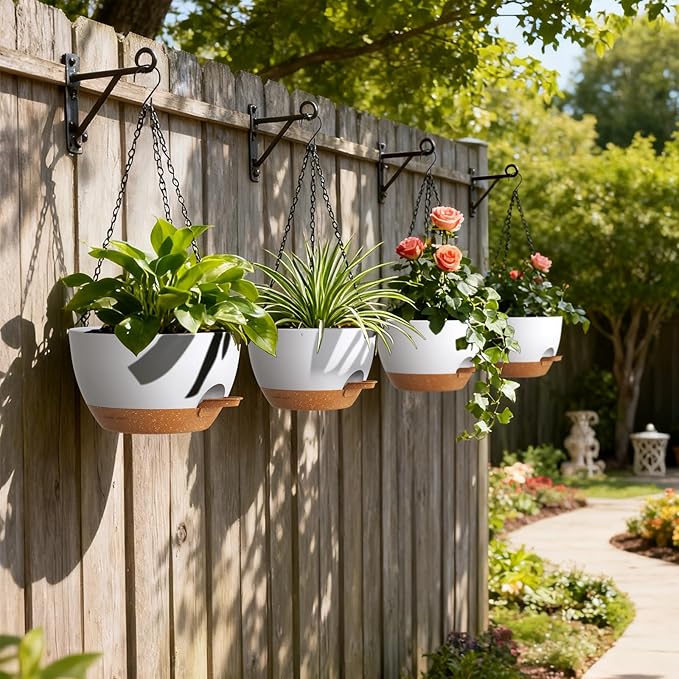 UOUZ 4 Pack 8 Inch Self Watering Hanging Planters for Indoor Outdoor Plants,Hanging Pots for Plants with Drainage Removable Tray, Hanging Baskets Flower Pots for Pothos Garden Porch White with Brown