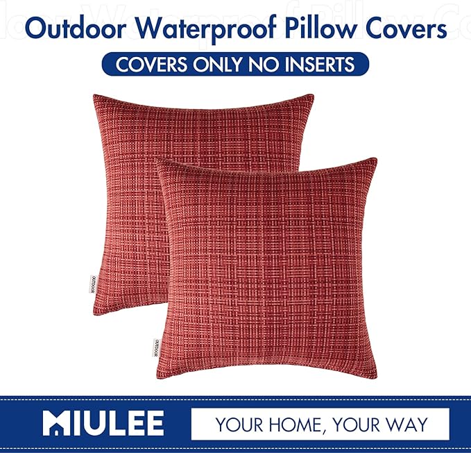 MIULEE Outdoor Waterproof Throw Pillow Covers Decorative Farmhouse Water Resistant Cushion Covers for Tent Patio Garden Couch Sofa Pack of 2, 18x18 Inch Red