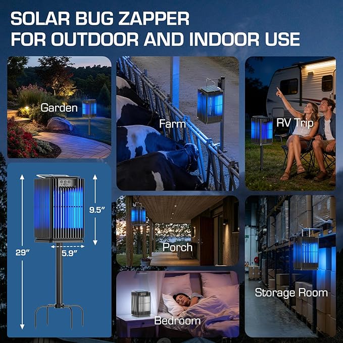 Solar Bug Zapper Outdoor, Waterproof Mosquito Zapper Type-C & Solar Powered, Auto On/Off, Cordless 4200V Electric Fly Zapper, 5000mAh Rechargeable Mosquito Trap Killer for Patio Backyard Camping