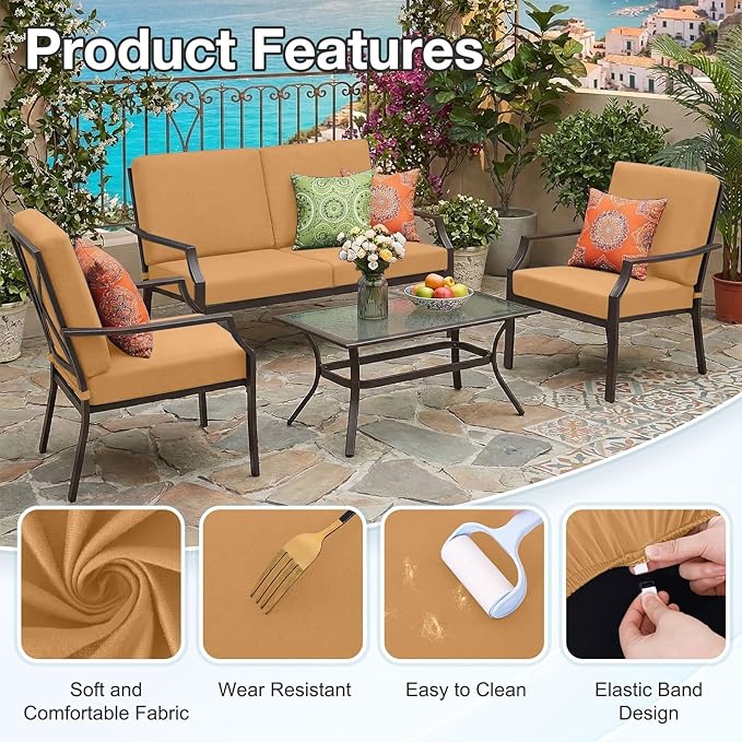 hyha Waterproof Outdoor Cushion Covers for Patio Furniture, Stretch Patio Chair Cushion Slipcovers, Coated UV Resistant Replacement Seat Covers, Solid Color (Camel, 8PC)