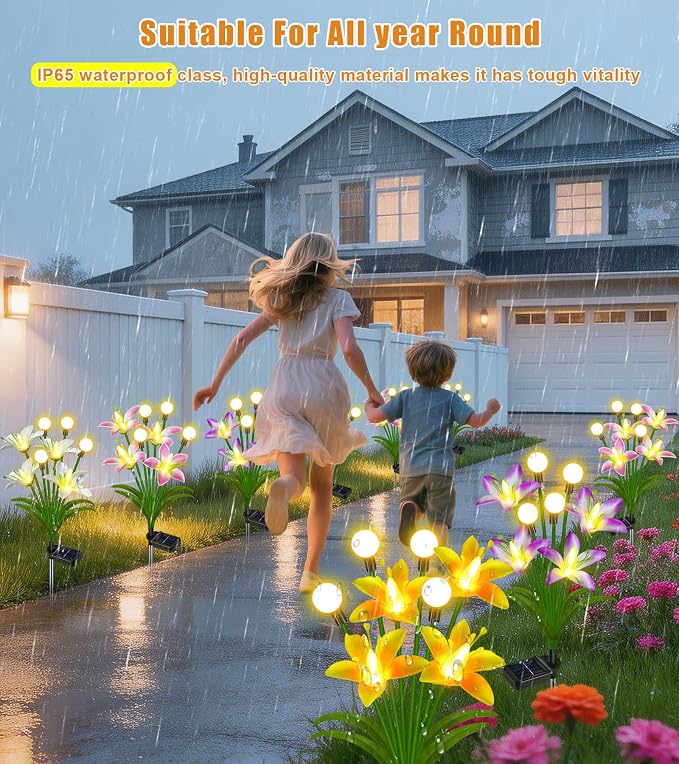 EDOF Solar Lights Outdoor Waterproof Garden Decor,4 Packs Lily Flowers Firefly Lights,Birthday Gifts for Women Mom,Solar Flowers Decorative Stakes Lights for Outside Yard Lawn Patio Porch Decorations