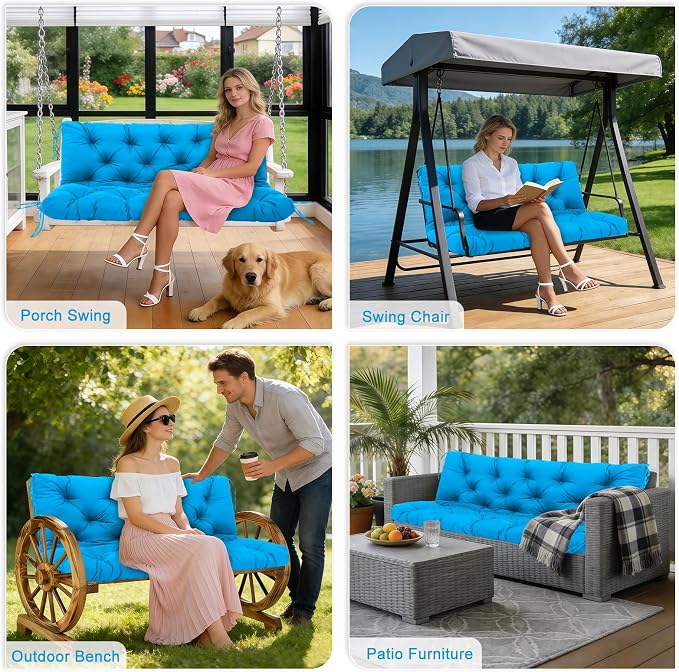 Porch Swing Cushions Outdoor 70 inch x 40 Waterproof Swing Cushions 3 Seater Replacement with Backrest & 8 Ties 5" Thick Bench Swing Cushions for Outdoor Furniture Patio(Peacock Blue)