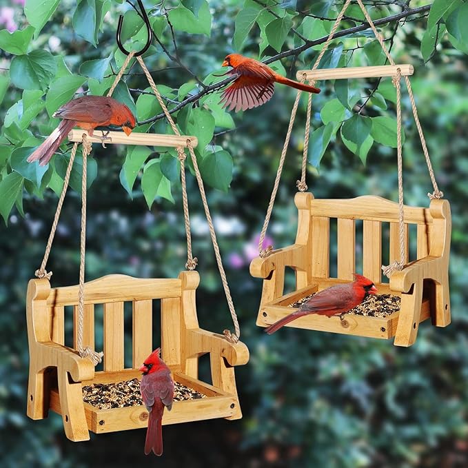 CEDAR ALPHA 2pk Cedar Swing Birdfeeder,Traditional Regency Seat Style, Solid Wood Hand Curve Cutting, Rustic Proof Metal Mesh Tray, Bird Feeder for Outside, BJD Dolls Swing