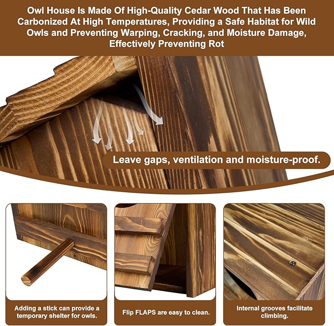 Owl Houses for Outdoors, 16.1x11.8x9.5 inch Large Carbonized Barred Owl Nesting Box, Waterproof & Ventilated Design, Ideal for Owls, Wildlife, Garden Decoration