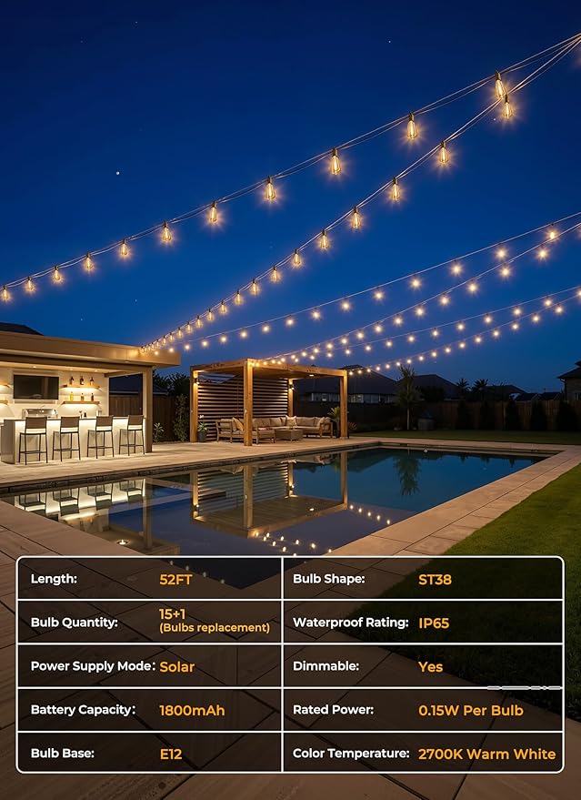 Brightown 52FT Solar String Lights Outdoor Waterproof, Patio Lights with Remote and 15+1 LED Shatterproof Bulbs, Dimmable & Timable, 3 Light Modes, Solar Lights Outdoor for Yard Garden Camping Party