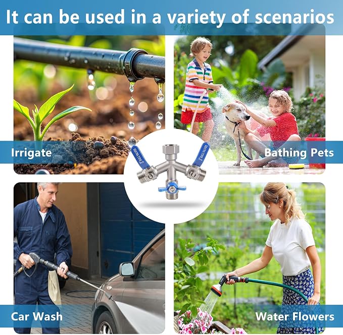 304 Stainless Steel Garden Hose Splitter 3 Way Heavy Duty, Full Flow Y Valve Water Hose Splitter With Large Handle, Lead-free,3/4" GHT Thread Connector For Outdoor Spigot Faucet
