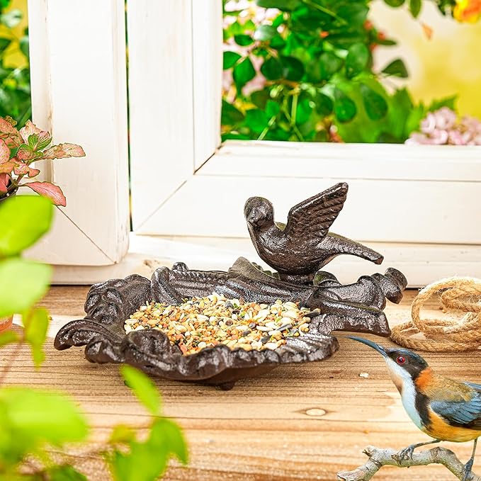 Sungmor Cast Iron Bird Feeder Dish, Rustic Brown Small Bird Feeding Tray, Decorative Leaf-Shaped Outdoor Bath Bowl Food Container for Garden, Patio or Yard