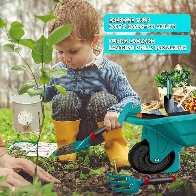 Qtioucp 16Pcs Kids Gardening Tools Outdoor Toys Set Backyard Play with 93 PCS DIY Flower Garden Building Preschool Activities (Green)