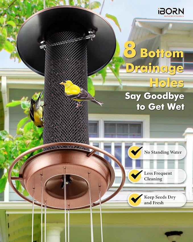 iBorn Finch Feeders for Outside,Thistle Bird Feeders for Outdoors Hanging,Nyjer Seed Feeder,Metal Mesh Tube Bird Feeder 13.5 Inch with 17cm Weatherproof Large Roof&Tray,2 LB Capacity,Brushed Copper